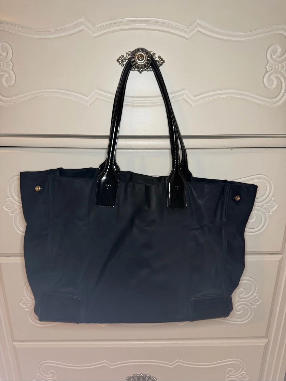 Tory Burch Black Nylon Tote with Patent Logo